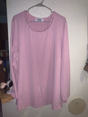 Anthony Richards Pink Long Sleeve Scoop Neck Top with Stud Trim